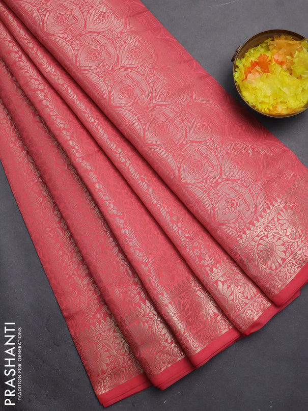 Semi soft silk saree peach pink with allover zari woven brocade weaves -Without blouse