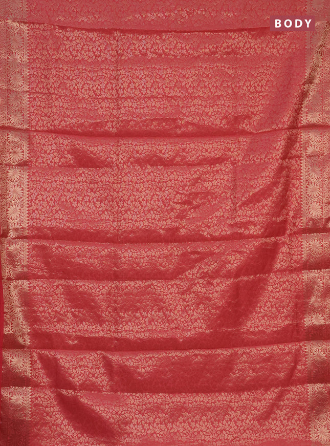 Semi soft silk saree peach pink with allover zari woven brocade weaves -Without blouse