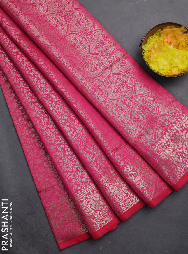 Semi soft silk saree pink with allover zari woven brocade weaves -Without blouse