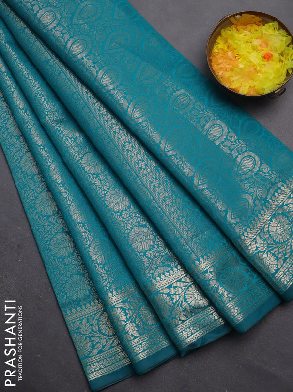 Semi soft silk saree teal blue with allover zari woven brocade weaves -Without blouse
