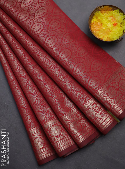 Semi soft silk saree maroon with allover zari woven brocade weaves -Without blouse