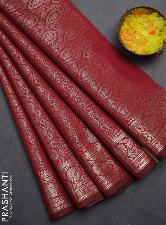 Semi soft silk saree maroon with allover zari woven brocade weaves -Without blouse