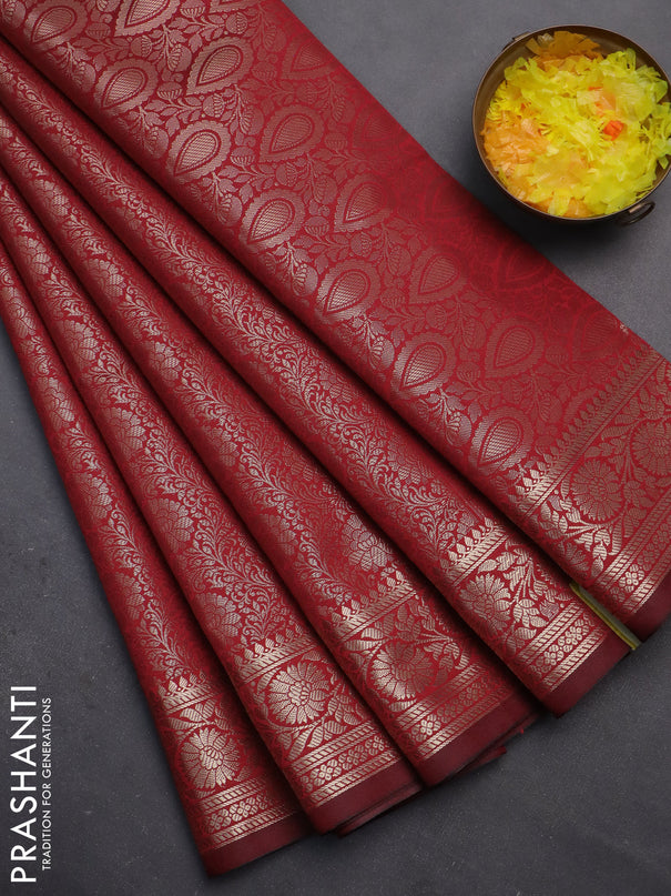 Semi soft silk saree maroon with allover zari woven brocade weaves -Without blouse