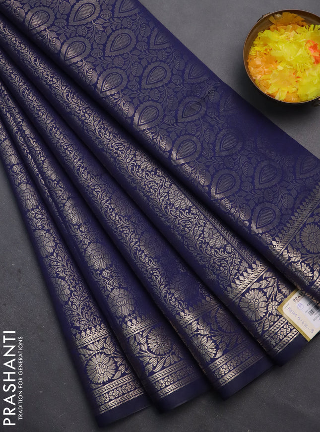 Semi soft silk saree dark blue with allover zari woven brocade weaves -Without blouse