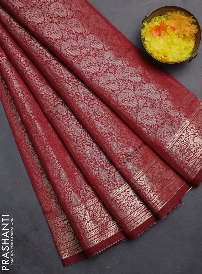Semi soft silk saree maroon with allover zari woven brocade weaves -Without blouse