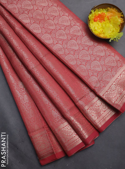 Semi soft silk saree peach shade with allover zari woven brocade weaves -Without blouse
