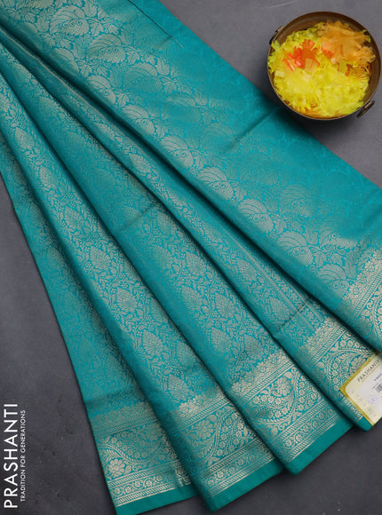Semi soft silk saree teal blue with allover zari woven brocade weaves -Without blouse