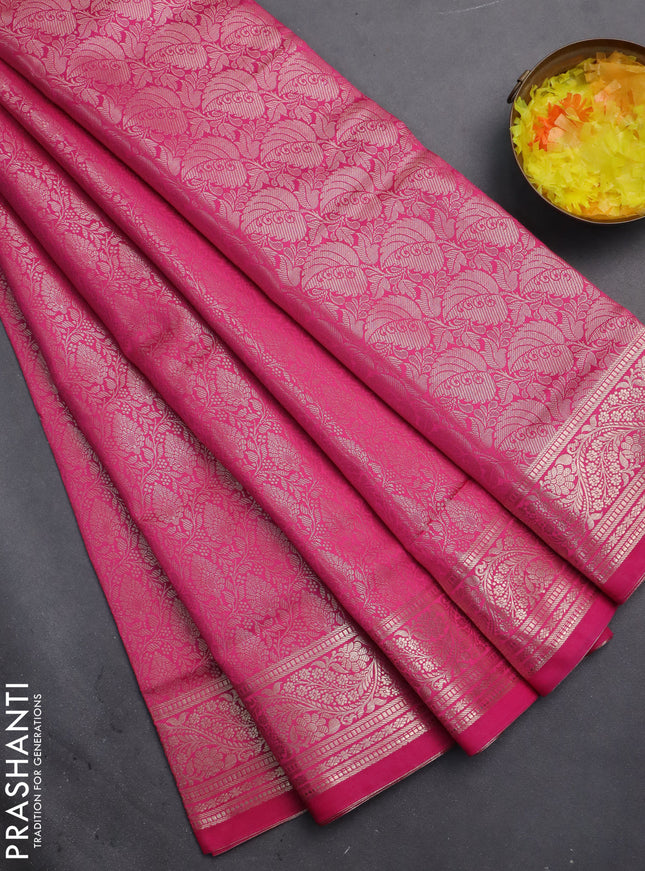 Semi soft silk saree pink with allover zari woven brocade weaves -Without blouse