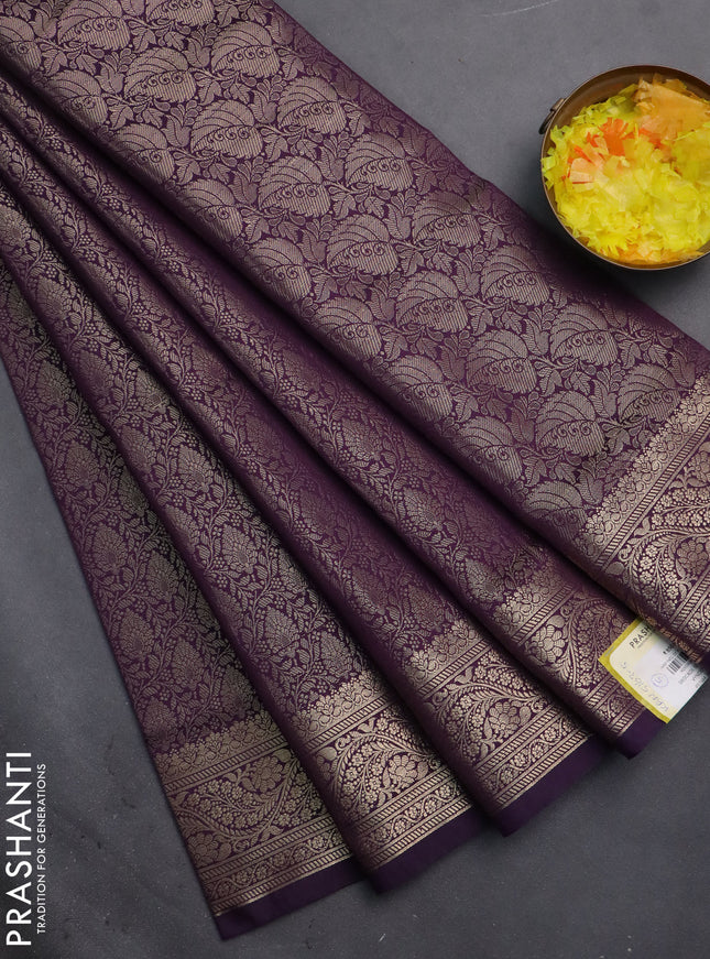 Semi soft silk saree deep purple with allover zari woven brocade weaves -Without blouse