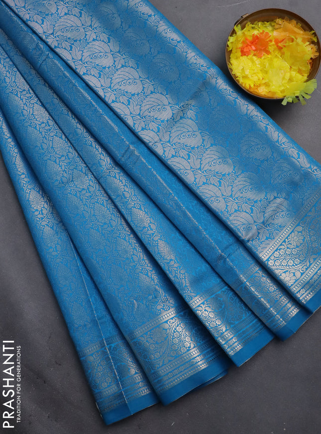 Semi soft silk saree cs blue with allover zari woven brocade weaves -Without blouse
