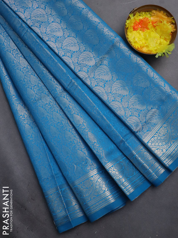 Semi soft silk saree cs blue with allover zari woven brocade weaves -Without blouse