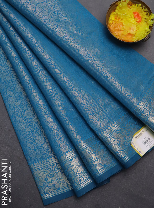 Semi soft silk saree cs blue with allover zari woven brocade weaves -Without blouse