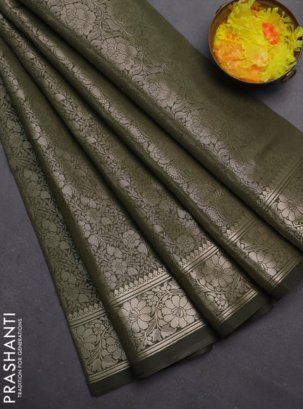 Semi soft silk saree sap green with allover zari woven brocade weaves -Without blouse