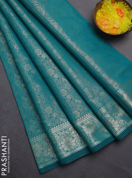 Semi soft silk saree teal green with allover zari woven brocade weaves -Without blouse