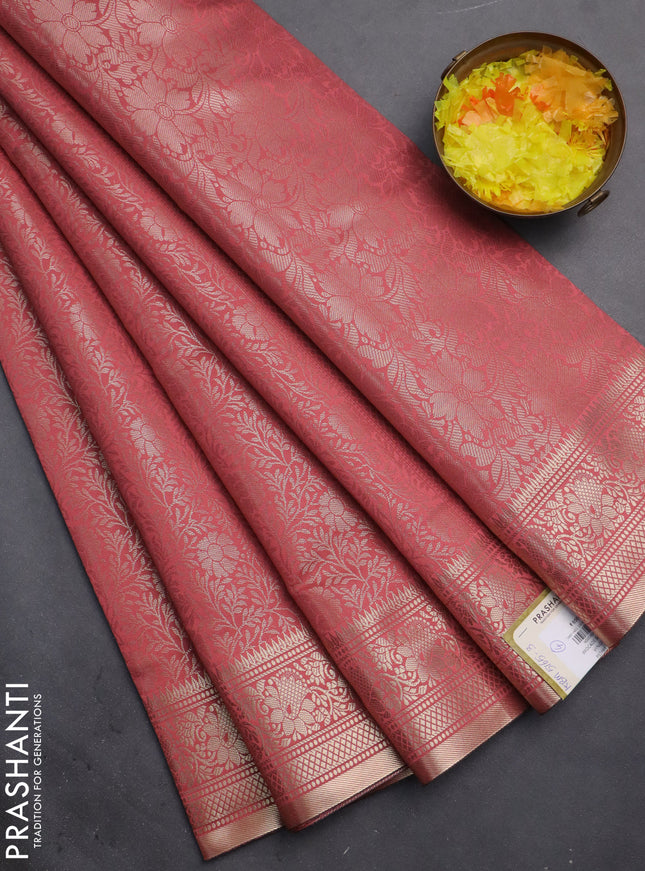 Semi soft silk saree peach pink with allover zari woven brocade weaves -Without blouse