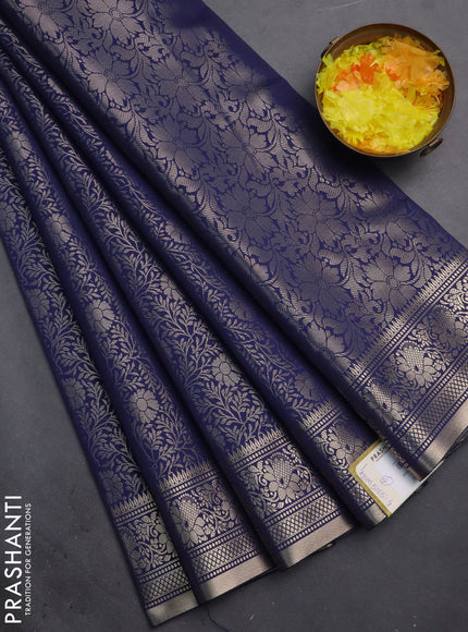 Semi soft silk saree dark blue with allover zari woven brocade weaves -Without blouse