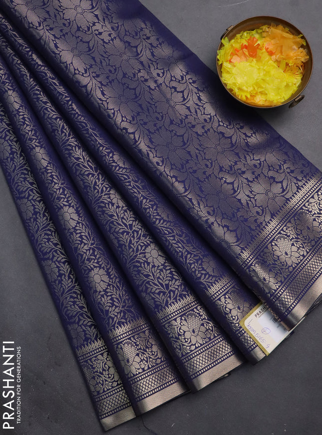Semi soft silk saree dark blue with allover zari woven brocade weaves -Without blouse