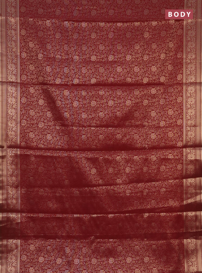 Semi soft silk saree maroon with allover zari woven brocade weaves -Without blouse