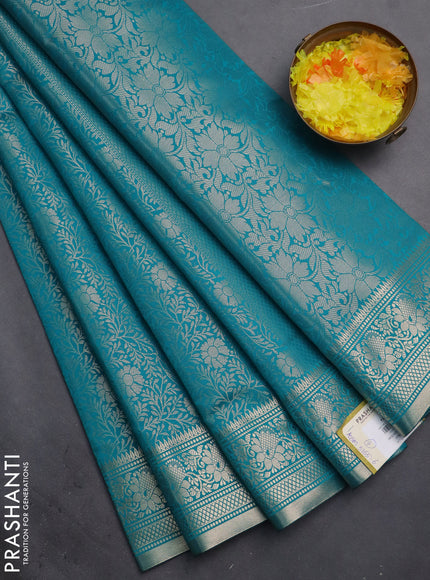 Semi soft silk saree teal blue with allover zari woven brocade weaves -Without blouse