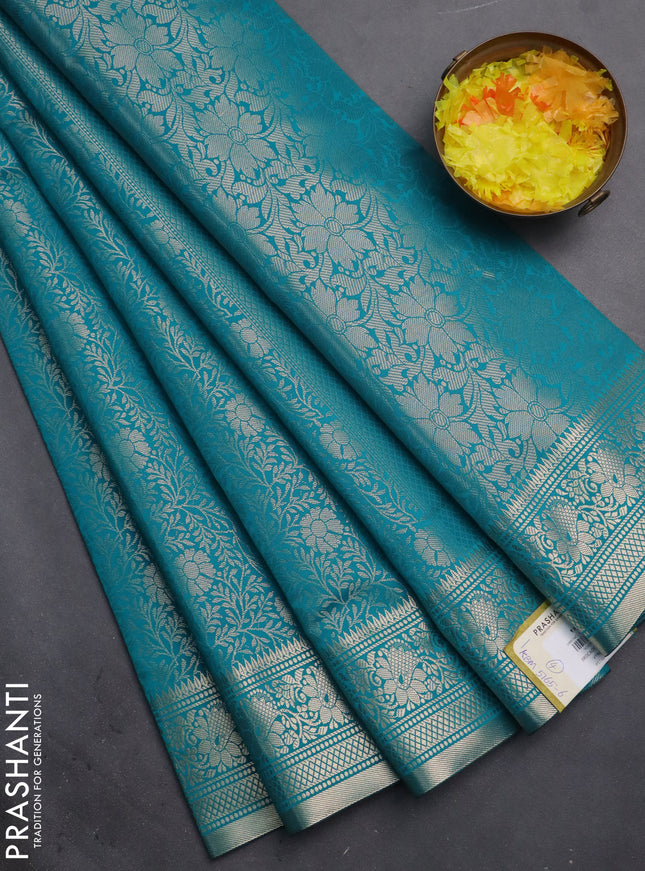 Semi soft silk saree teal blue with allover zari woven brocade weaves -Without blouse