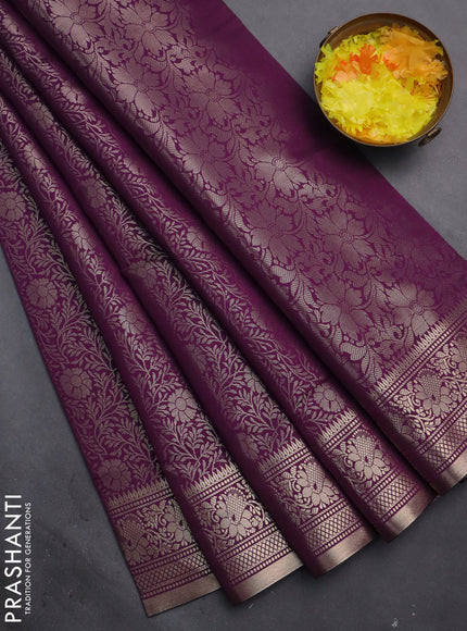 Semi soft silk saree deep purple with allover zari woven brocade weaves -Without blouse