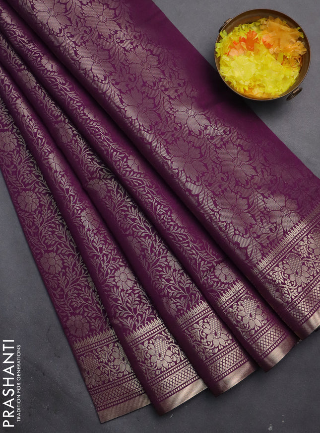Semi soft silk saree deep purple with allover zari woven brocade weaves -Without blouse