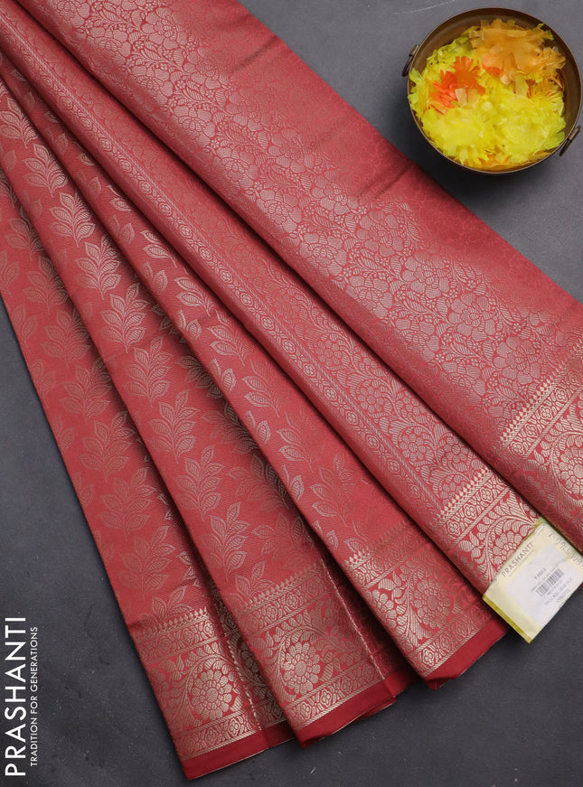 Semi soft silk saree peach shade with allover zari woven brocade weaves -Without blouse