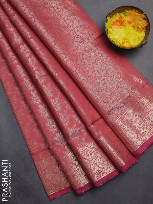 Semi soft silk saree peach pink with allover zari woven brocade weaves -Without blouse