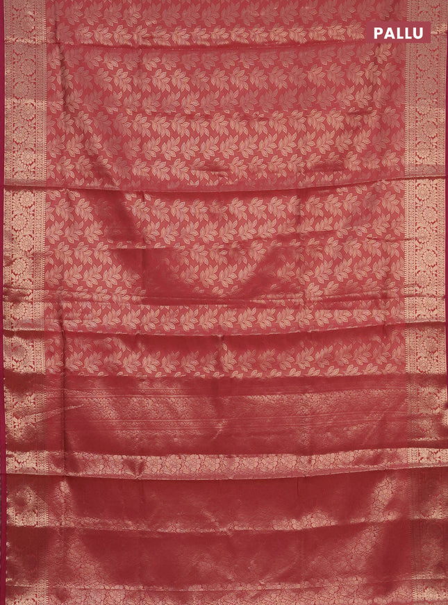 Semi soft silk saree peach pink with allover zari woven brocade weaves -Without blouse