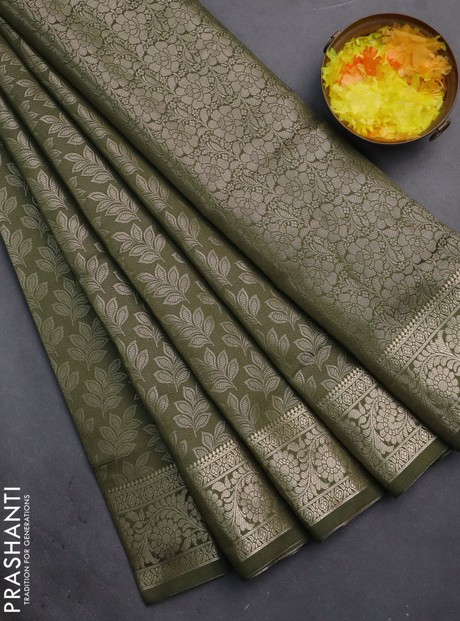 Semi soft silk saree sap green with allover zari woven brocade weaves -Without blouse