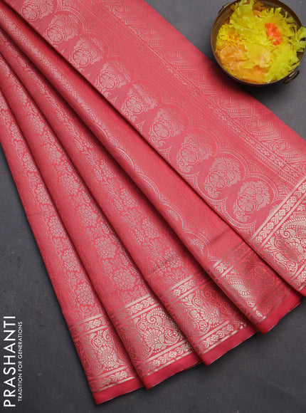 Semi soft silk saree dark peach with allover zari woven brocade weaves -Without blouse