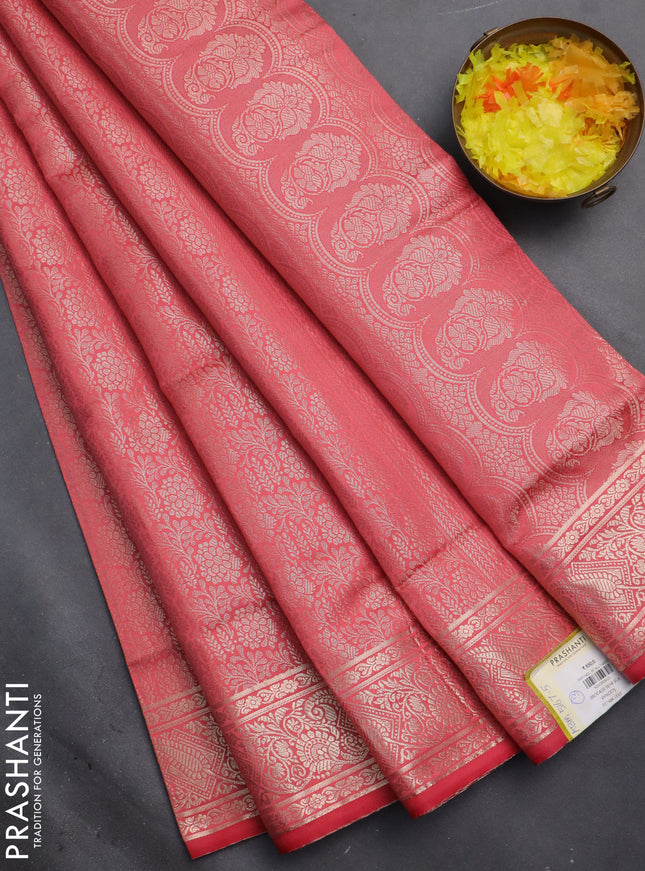 Semi soft silk saree peach pink with allover zari woven brocade weaves -Without blouse