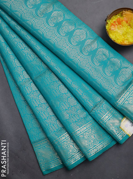 Semi soft silk saree teal blue with allover zari woven brocade weaves -Without blouse