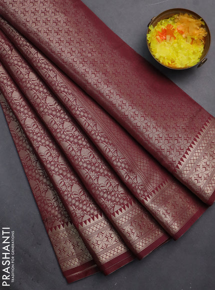 Semi soft silk saree maroon with allover zari woven brocade weaves -Without blouse