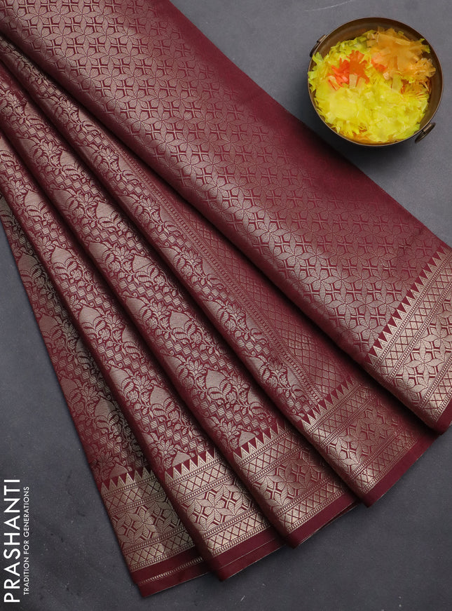 Semi soft silk saree maroon with allover zari woven brocade weaves -Without blouse
