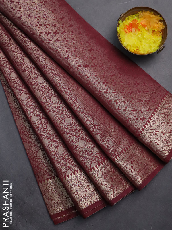 Semi soft silk saree maroon with allover zari woven brocade weaves -Without blouse
