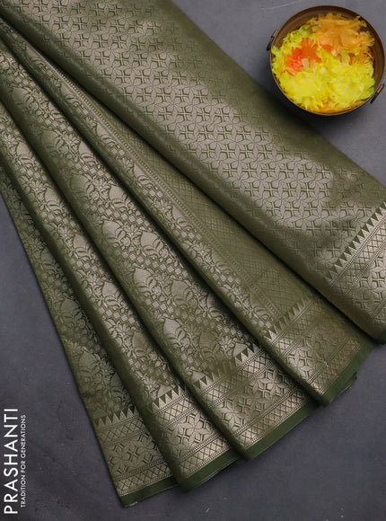 Semi soft silk saree sap green with allover zari woven brocade weaves -Without blouse