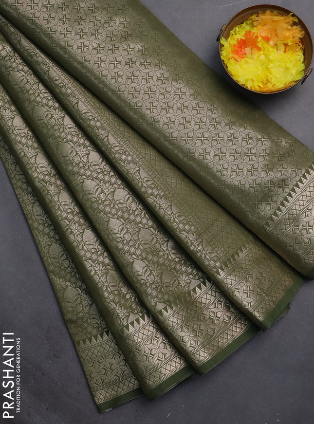 Semi soft silk saree sap green with allover zari woven brocade weaves -Without blouse