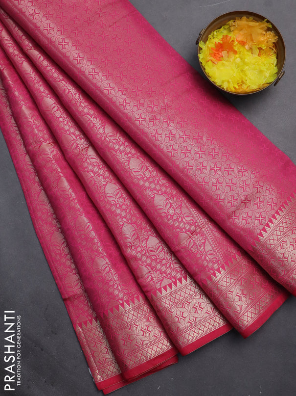 Semi soft silk saree pink with allover zari woven brocade weaves -Without blouse