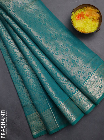Semi soft silk saree teal green with allover zari woven brocade weaves -Without blouse