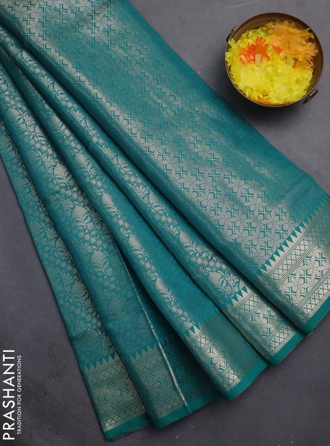 Semi soft silk saree teal green with allover zari woven brocade weaves -Without blouse