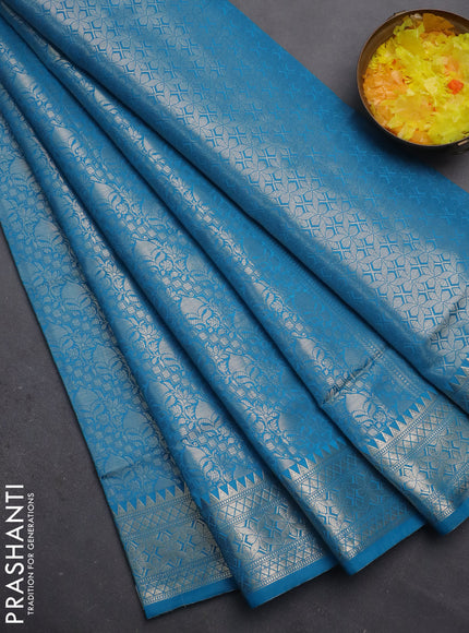 Semi soft silk saree cs blue with allover zari woven brocade weaves -Without blouse