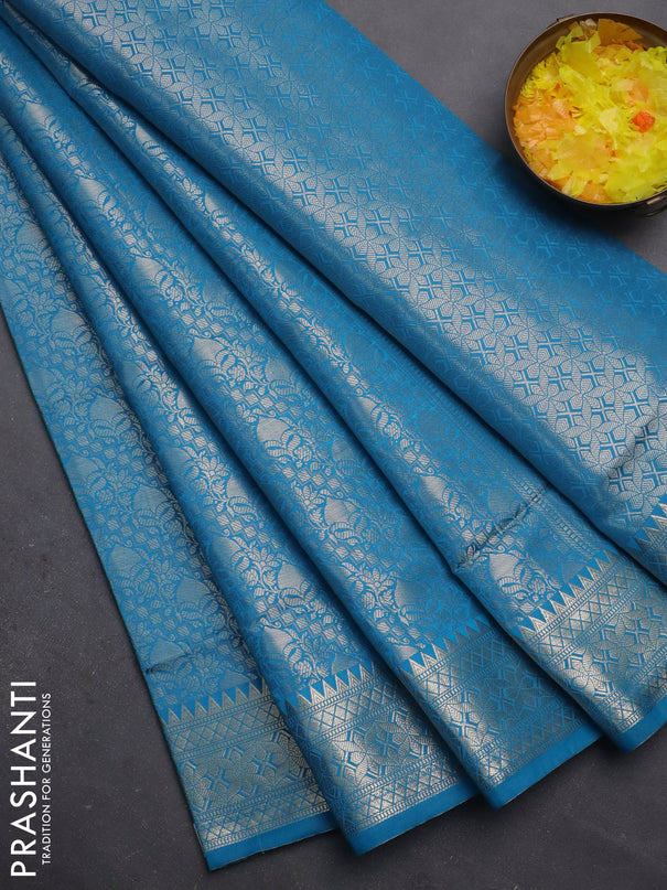 Semi soft silk saree cs blue with allover zari woven brocade weaves -Without blouse