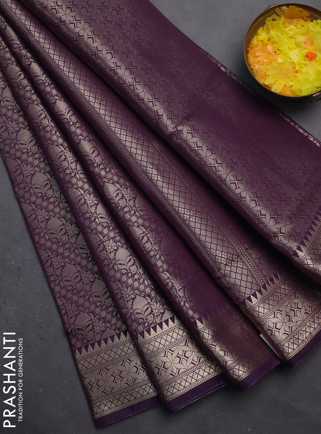 Semi soft silk saree deep purple with allover zari woven brocade weaves -Without blouse