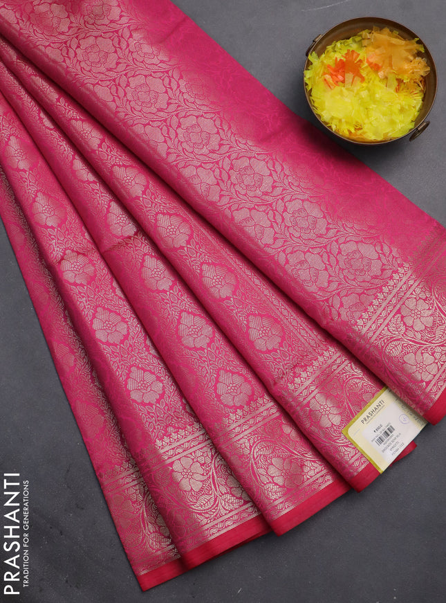 Semi soft silk saree pink with allover zari woven brocade weaves -Without blouse