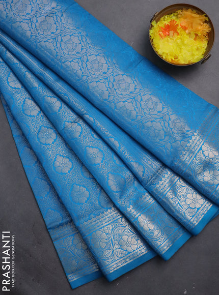 Semi soft silk saree cs blue with allover zari woven brocade weaves -Without blouse