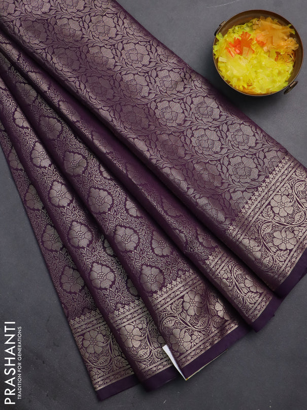 Semi soft silk saree deep purple with allover zari woven brocade weaves -Without blouse