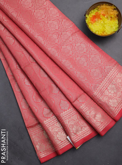 Semi soft silk saree peach pink with allover zari woven brocade weaves -Without blouse