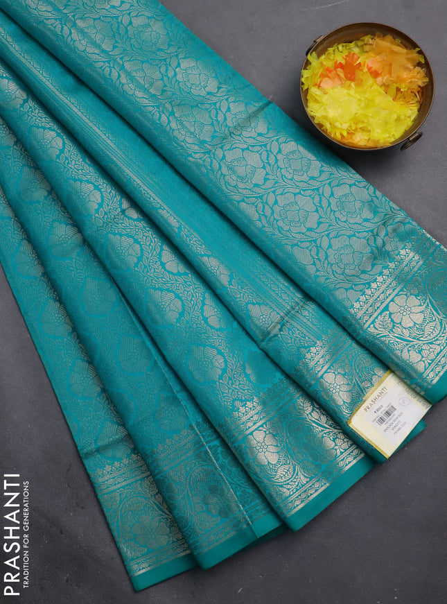 Semi soft silk saree teal blue with allover zari woven brocade weaves -Without blouse