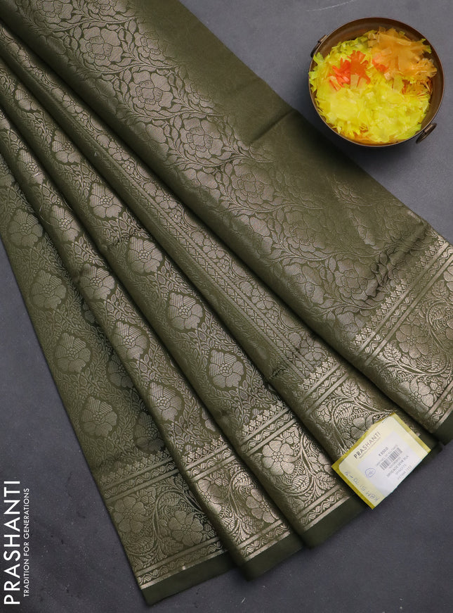 Semi soft silk saree sap green with allover zari woven brocade weaves -Without blouse